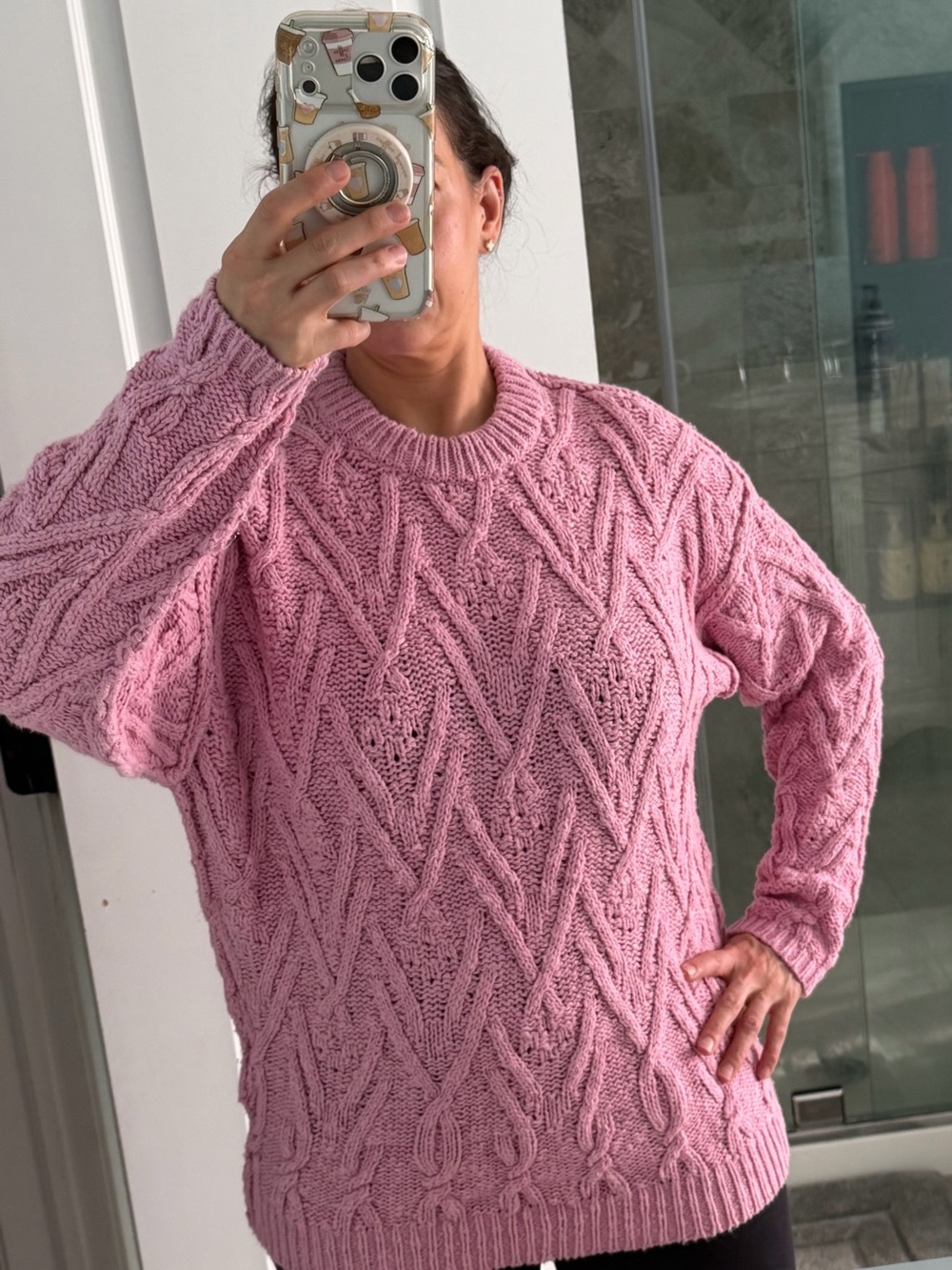 Free People Pink Cable Knit Crewneck Sweater
